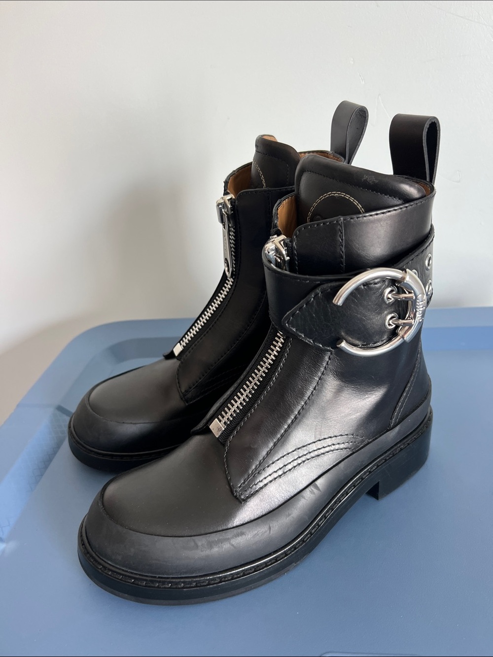 Chloe roy combat ankle boots black leather booties large buckle strap zipup 37.5